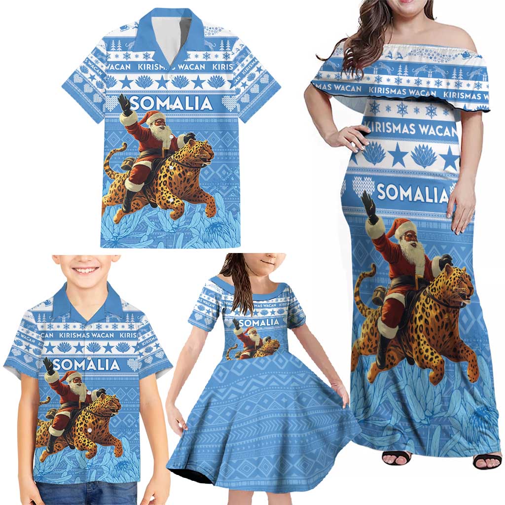 Personalised Somalia Christmas Family Matching Off Shoulder Maxi Dress and Hawaiian Shirt Black Santa Riding Leopard Kirismas Wacan - Wonder Print Shop