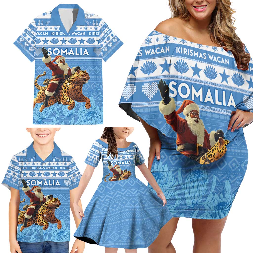 Personalised Somalia Christmas Family Matching Off Shoulder Short Dress and Hawaiian Shirt Black Santa Riding Leopard Kirismas Wacan - Wonder Print Shop