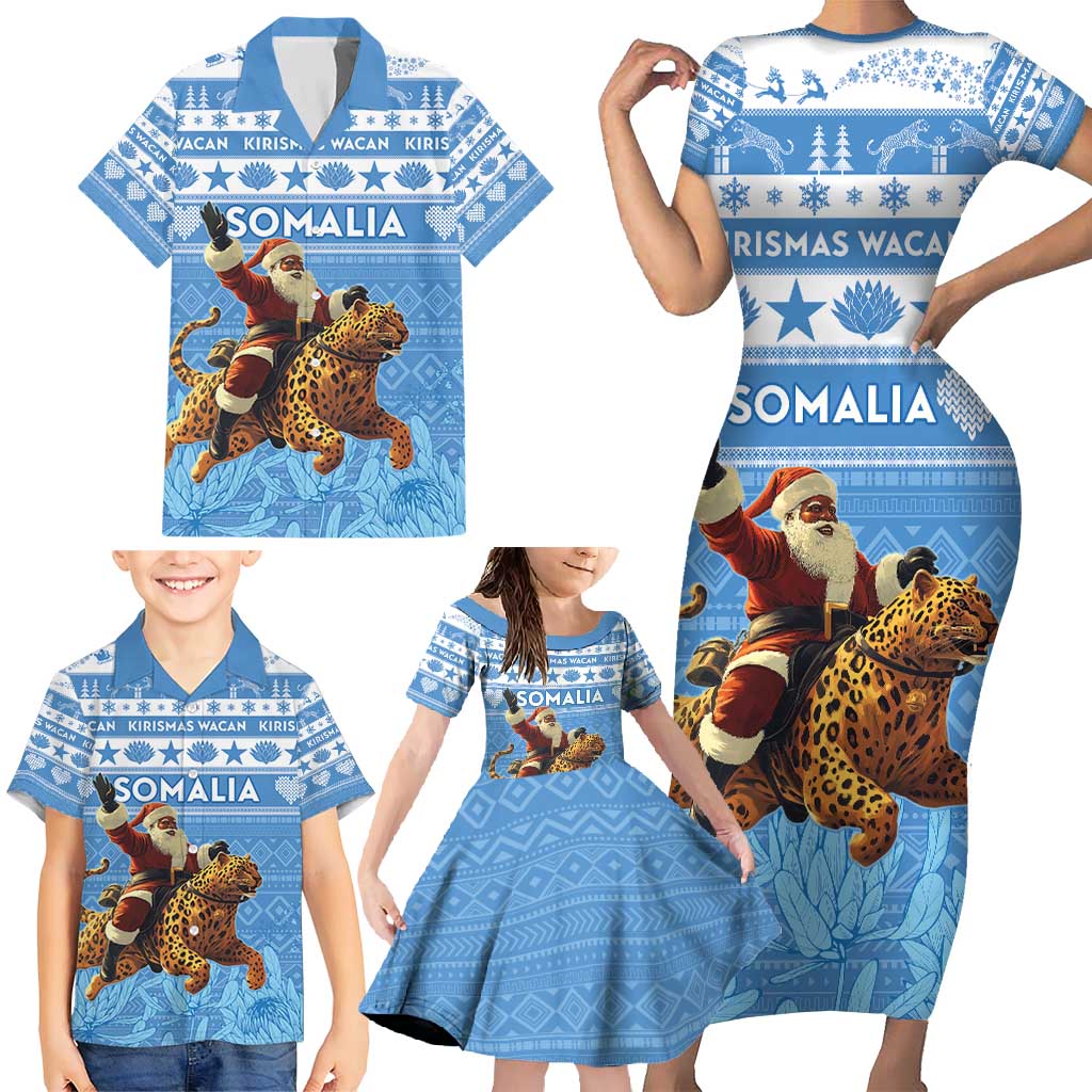 Personalised Somalia Christmas Family Matching Short Sleeve Bodycon Dress and Hawaiian Shirt Black Santa Riding Leopard Kirismas Wacan - Wonder Print Shop