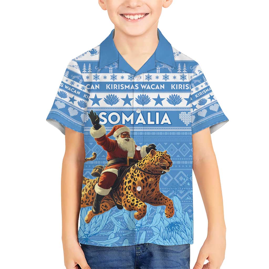 Personalised Somalia Christmas Kid Hawaiian Shirt Black Santa Riding Leopard Kirismas Wacan - Wonder Print Shop