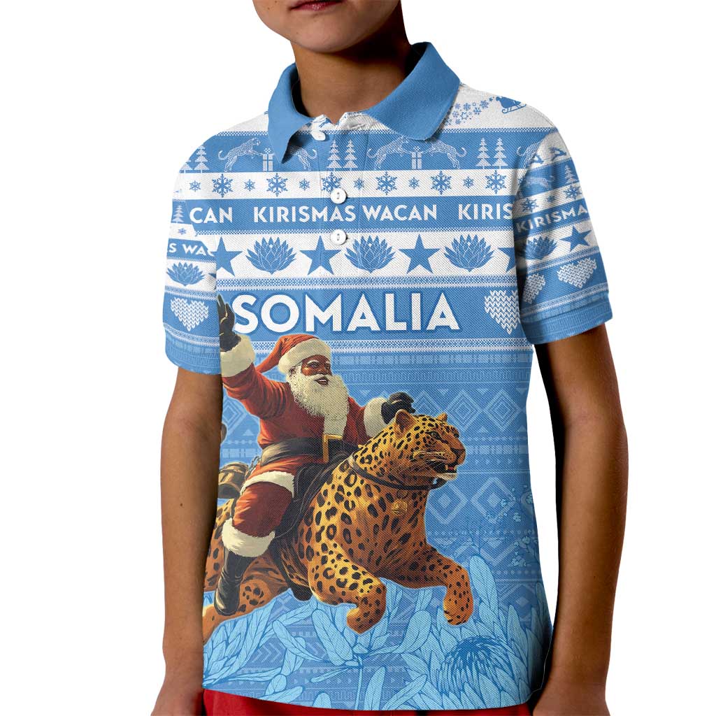 Personalised Somalia Christmas Kid Polo Shirt Black Santa Riding Leopard Kirismas Wacan - Wonder Print Shop