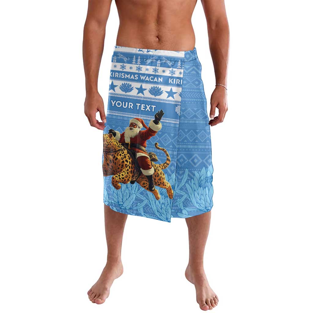 Personalized Christmas lavalava in blue with Santa riding leopard print and text