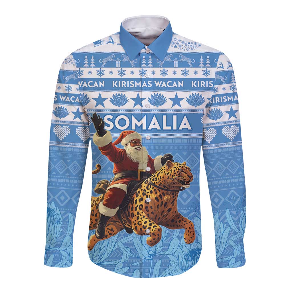 Personalised Somalia Christmas Long Sleeve Button Shirt Black Santa Riding Leopard Kirismas Wacan - Wonder Print Shop