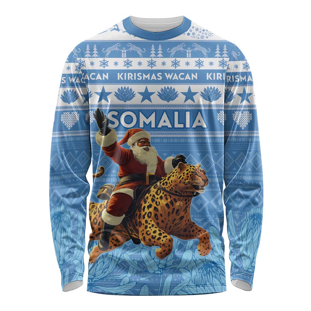 Personalised Somalia Christmas Long Sleeve Shirt Black Santa Riding Leopard Kirismas Wacan - Wonder Print Shop