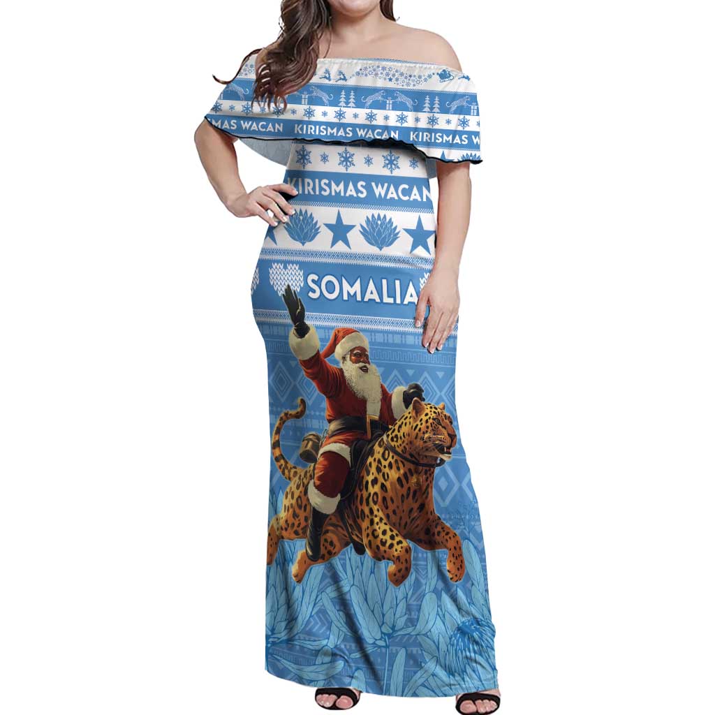 Personalised Somalia Christmas Off Shoulder Maxi Dress Black Santa Riding Leopard Kirismas Wacan - Wonder Print Shop