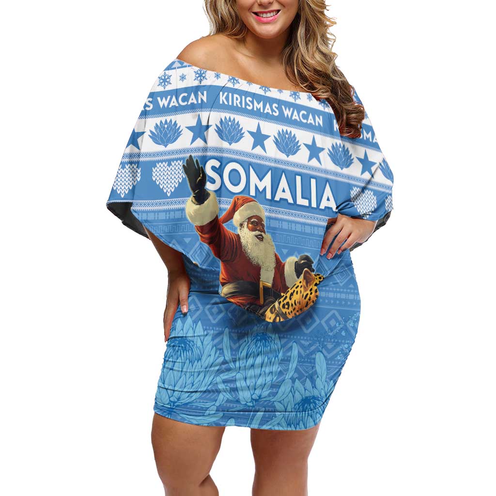 Personalised Somalia Christmas Off Shoulder Short Dress Black Santa Riding Leopard Kirismas Wacan - Wonder Print Shop