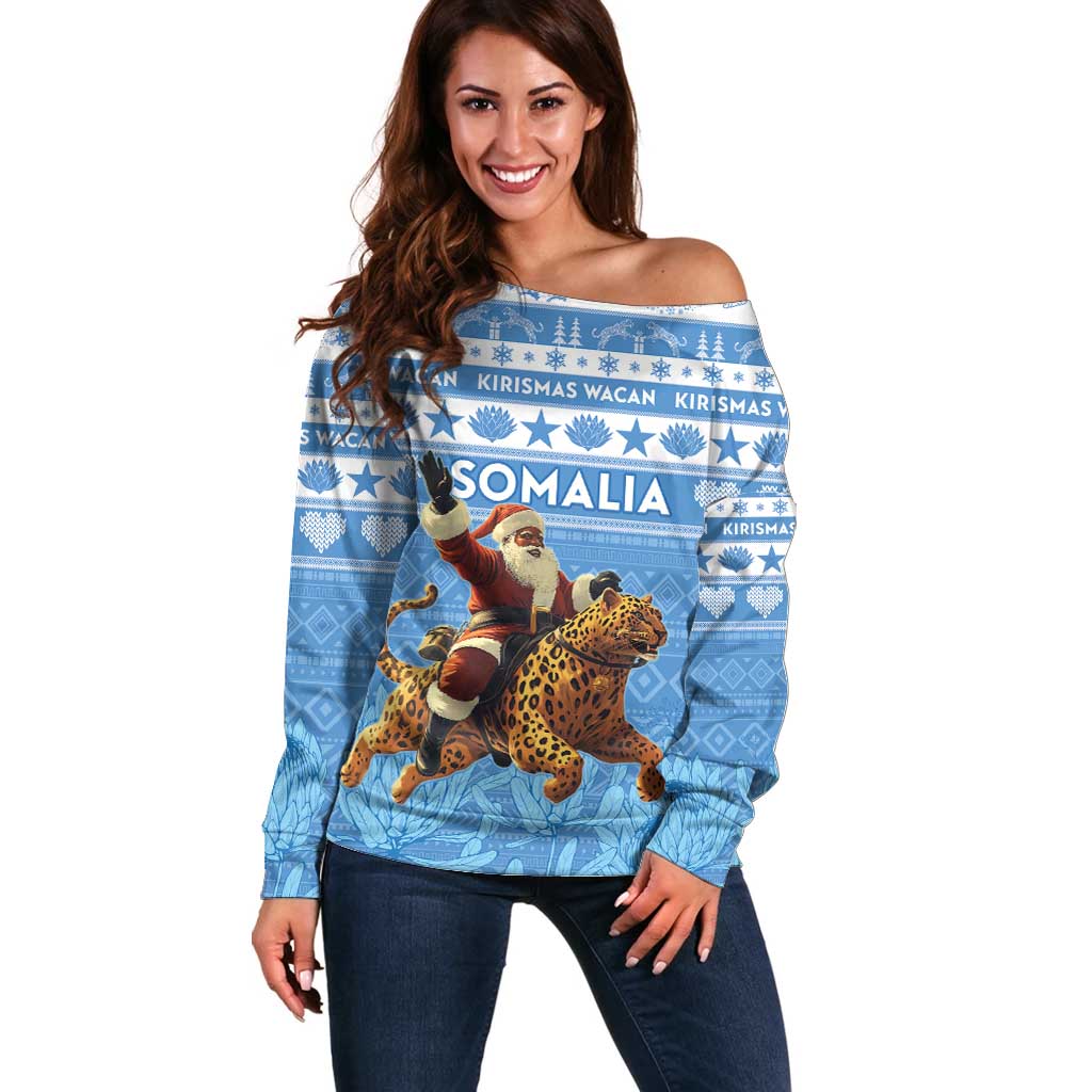 Personalised Somalia Christmas Off Shoulder Sweater Black Santa Riding Leopard Kirismas Wacan - Wonder Print Shop