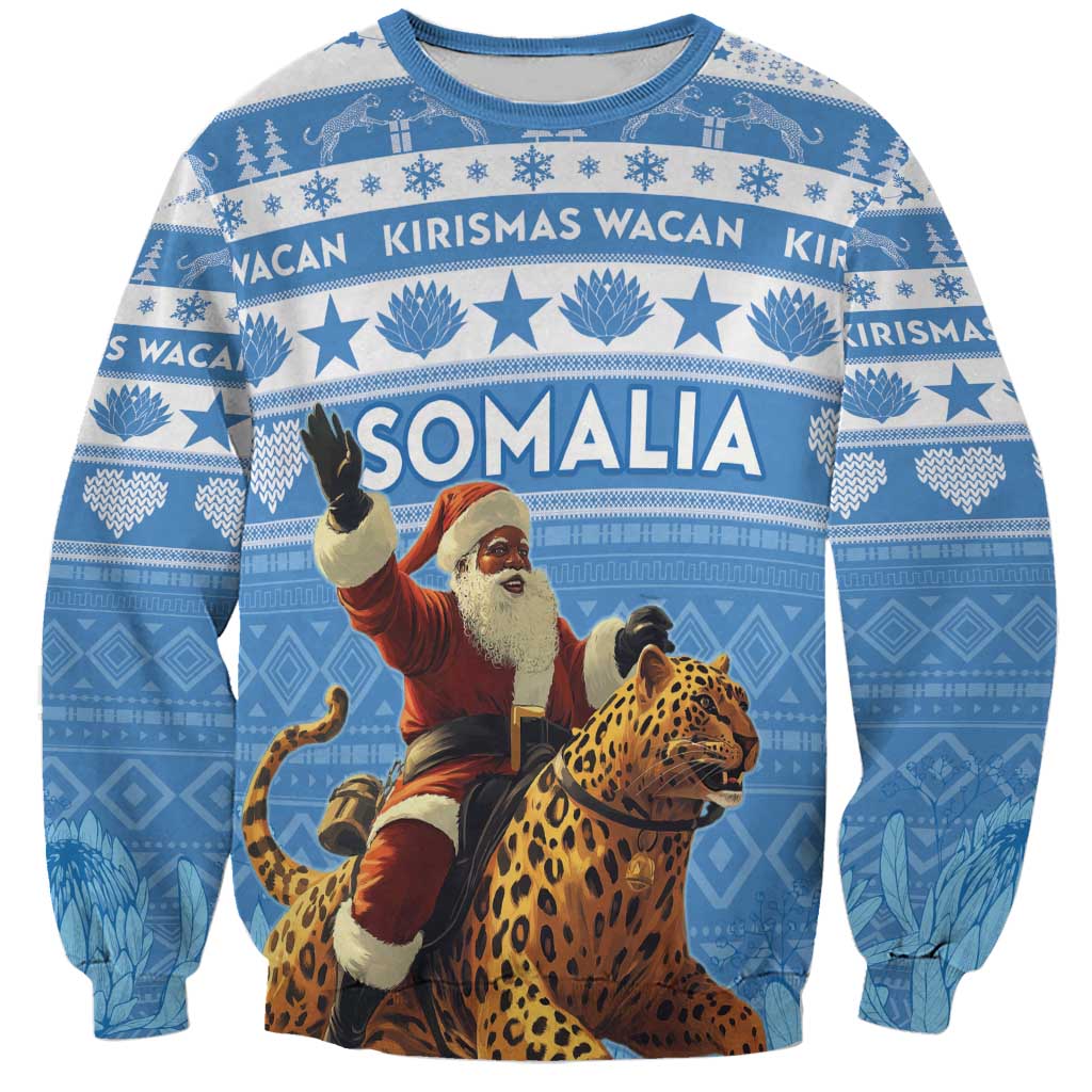 Blue crewneck sweatshirt with Somalia Santa riding leopard graphic, long sleeves