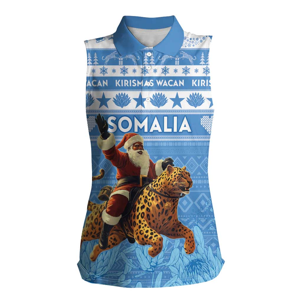 Personalised Somalia Christmas Women Sleeveless Polo Shirt Black Santa Riding Leopard Kirismas Wacan - Wonder Print Shop