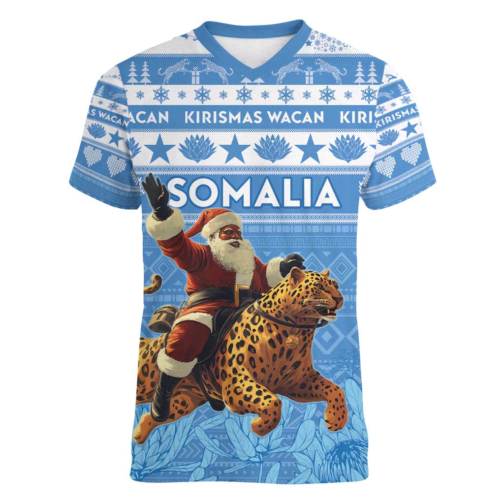 Personalised Somalia Christmas Women V-Neck T-Shirt Black Santa Riding Leopard Kirismas Wacan - Wonder Print Shop