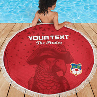 Red round beach blanket with tassel fringe, pirate portrait and custom 'Your Text The Pirates'.