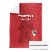 Red football blanket with 'YOUR TEXT' and 'The Pirates' graphic, shown with folded towels