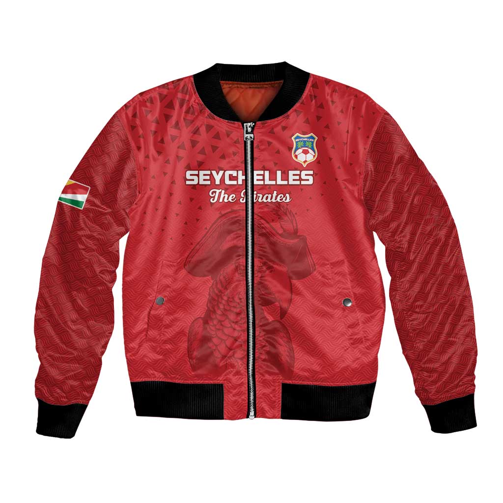 Red unisex football bomber jacket with front zipper, black rib trim, Seychelles logo