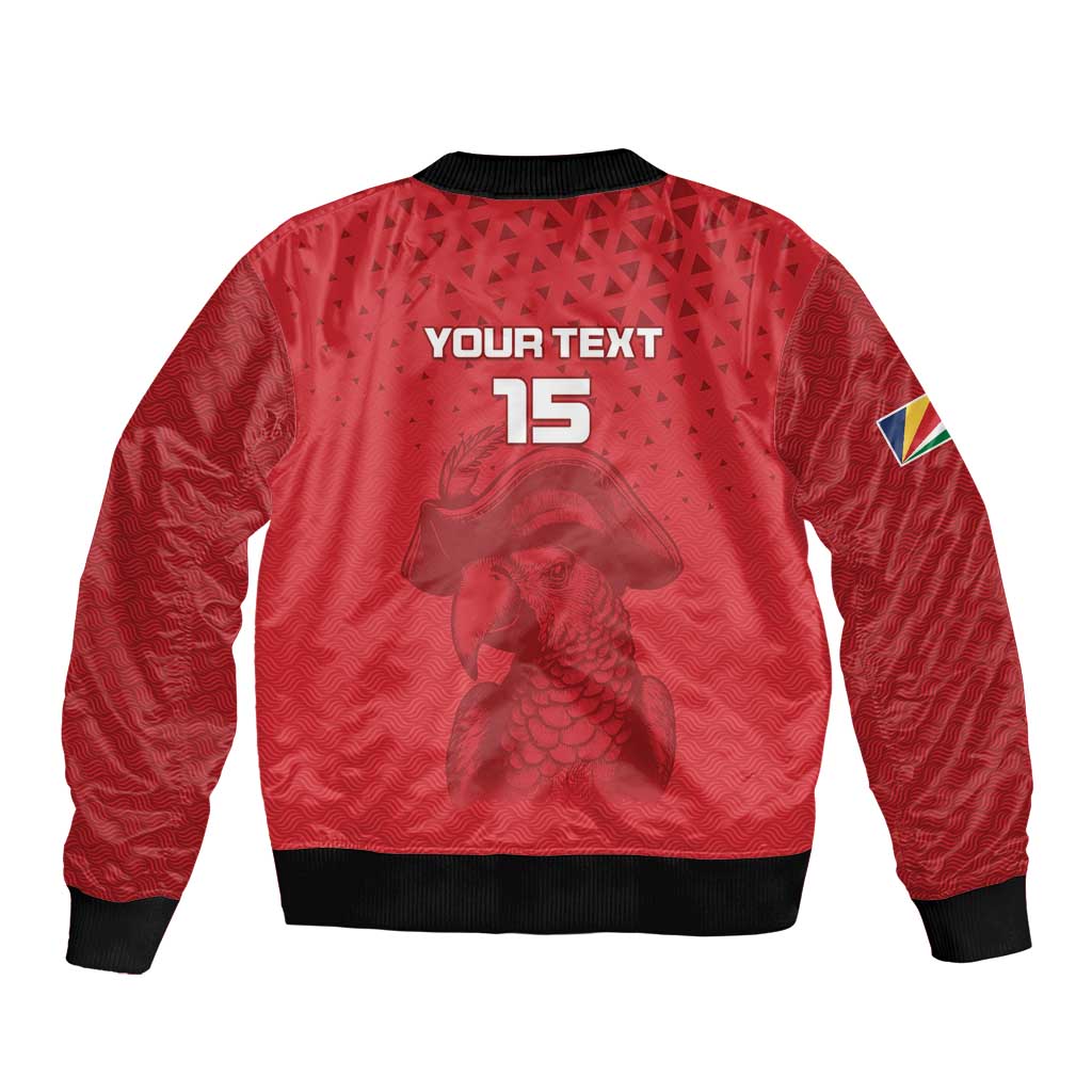 Red unisex football bomber jacket back with YOUR TEXT 15 graphic, black rib trim