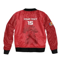 Red unisex football bomber jacket back with YOUR TEXT 15 graphic, black rib trim