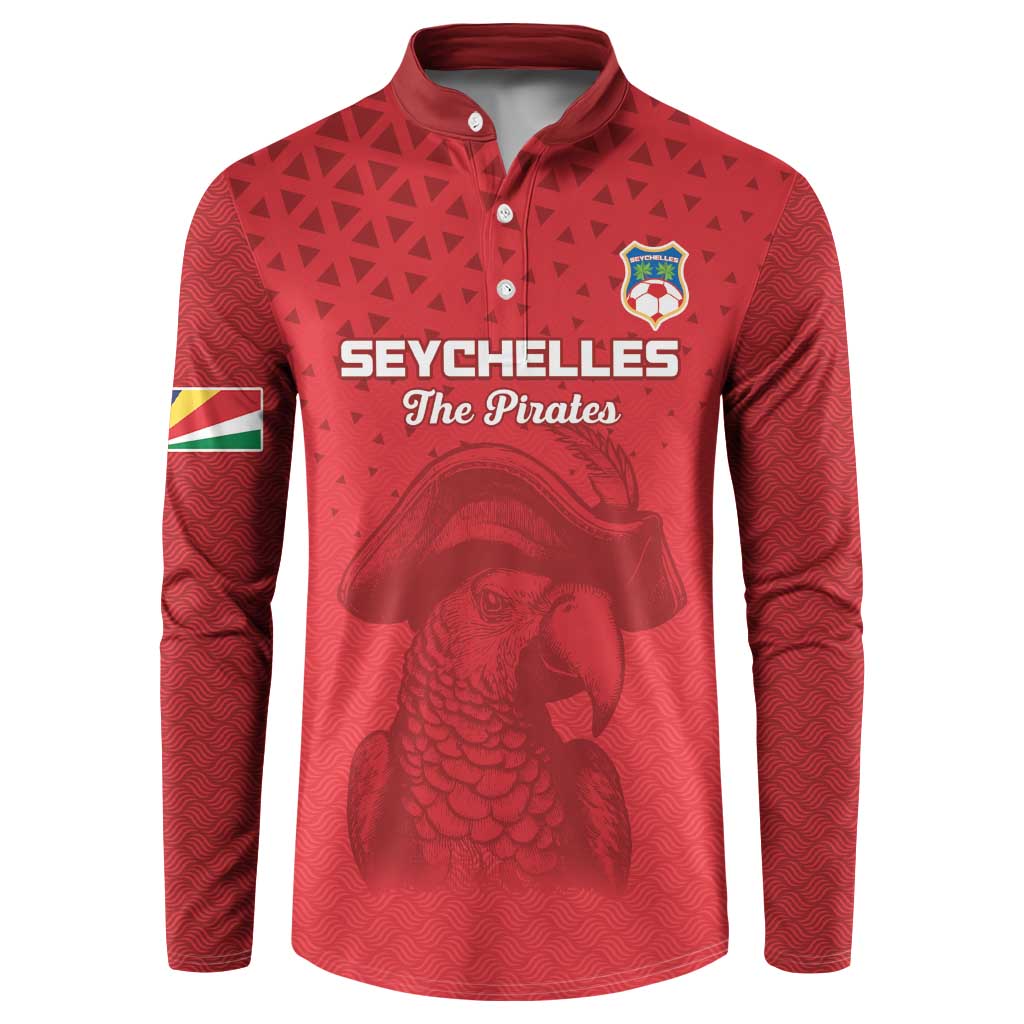 Red button-front long-sleeve sweatshirt with Seychelles logo and Pirates graphic, front view