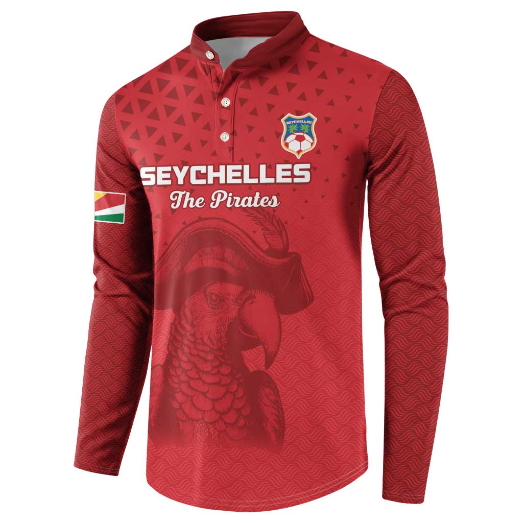 Red button-front long-sleeve sweatshirt with Seychelles crest and Pirates text, front view
