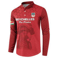 Red button-front long-sleeve sweatshirt with Seychelles crest and Pirates text, front view