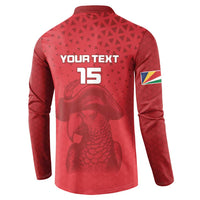 Red button-front long-sleeve sweatshirt with back number 15 and pirate graphic
