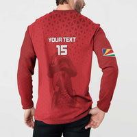Red button-front long-sleeve sweatshirt with back YOUR TEXT 15 and pirate graphic, rear view