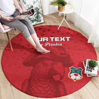 Red round rug with pirate dog portrait, soccer crest, and custom 'YOUR TEXT' text