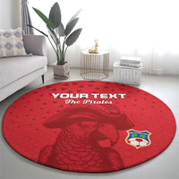 Red round football rug with pirate dog graphic, soccer crest, and 'YOUR TEXT' headline