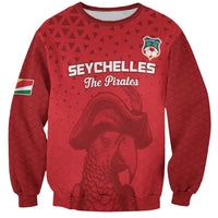 Red unisex football sweatshirt, long sleeves, front pirate graphic with sleeve flag patch