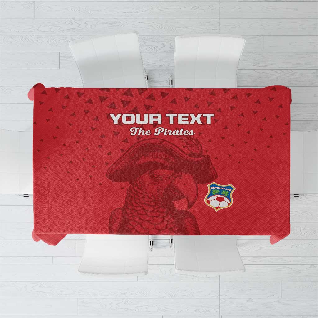 Red football tablecloth with pirate graphic and football crest, custom text banner