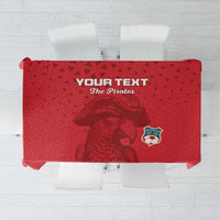 Red football tablecloth with pirate graphic and football crest, custom text banner