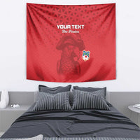 Red custom football tapestry with pirate portrait, football crest, and “YOUR TEXT” heading.