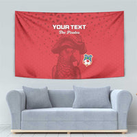 Red custom football tapestry with pirate portrait, crest emblem, and centered “YOUR TEXT”.