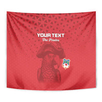 Red red custom football tapestry close-up with pirate portrait graphic and crest emblem.