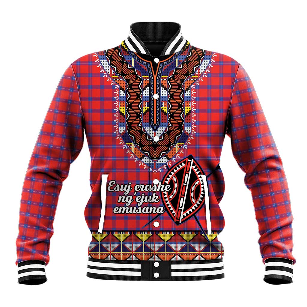 Red plaid baseball jacket with tribal beadwork style V-graphic and striped cuffs