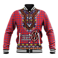 Red plaid baseball jacket with tribal beadwork style V-graphic and striped cuffs