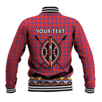Red plaid baseball jacket with tribal beadwork style back graphic and striped rib hem