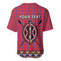 Red plaid baseball jersey back with bold 'YOUR TEXT' and tribal beadwork emblem