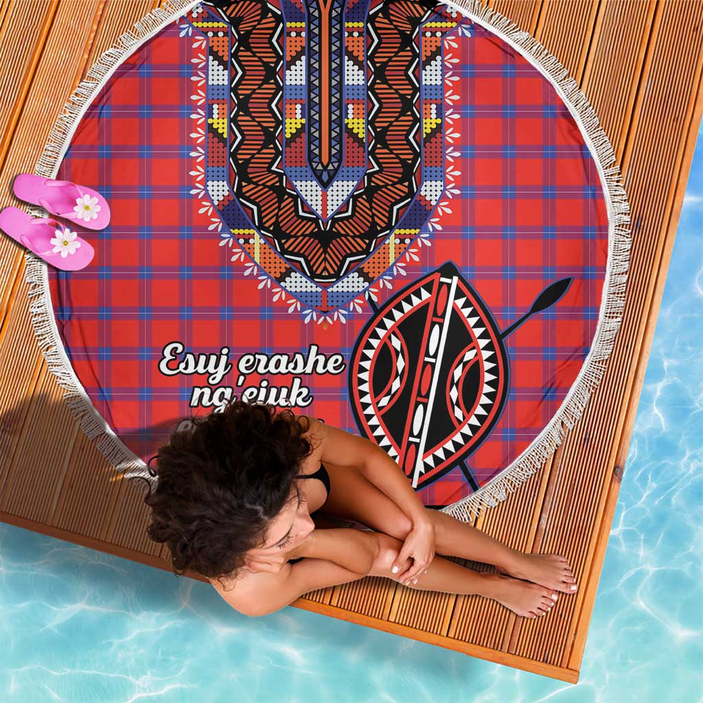 Round shuka beach blanket, red-blue plaid with tribal emblem center and white fringed border
