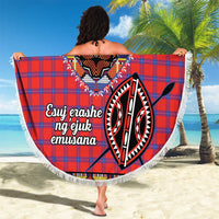 Round beach blanket, red plaid with tribal pattern and large face motif, white fringe