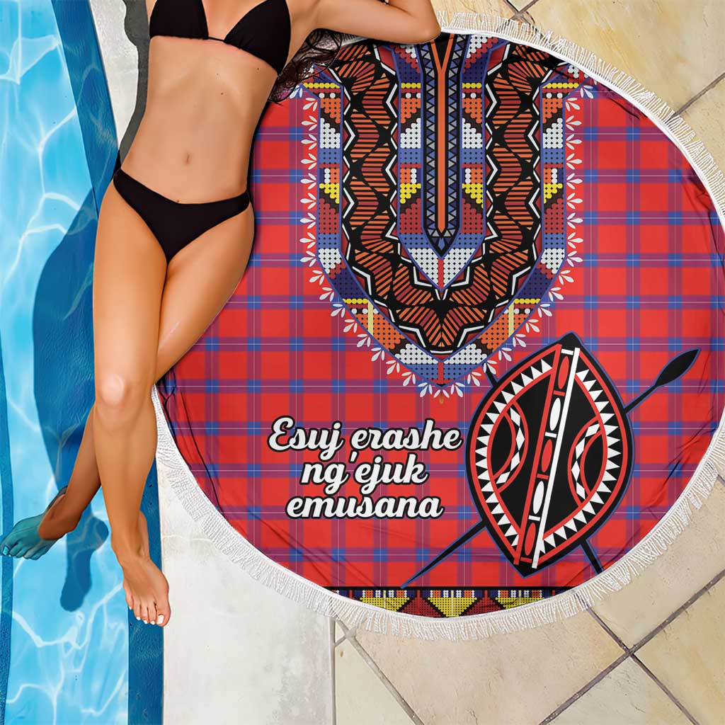 Round beach blanket on poolside, red and blue plaid with tribal face graphic, white fringe