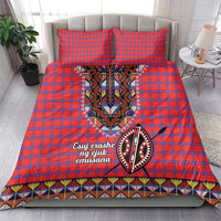 Red and blue plaid bedding set with Maasai beadwork face graphic, duvet and 2 pillowcases