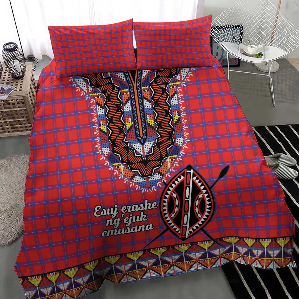 Red and blue plaid duvet cover set with Maasai beadwork medallion and geometric border