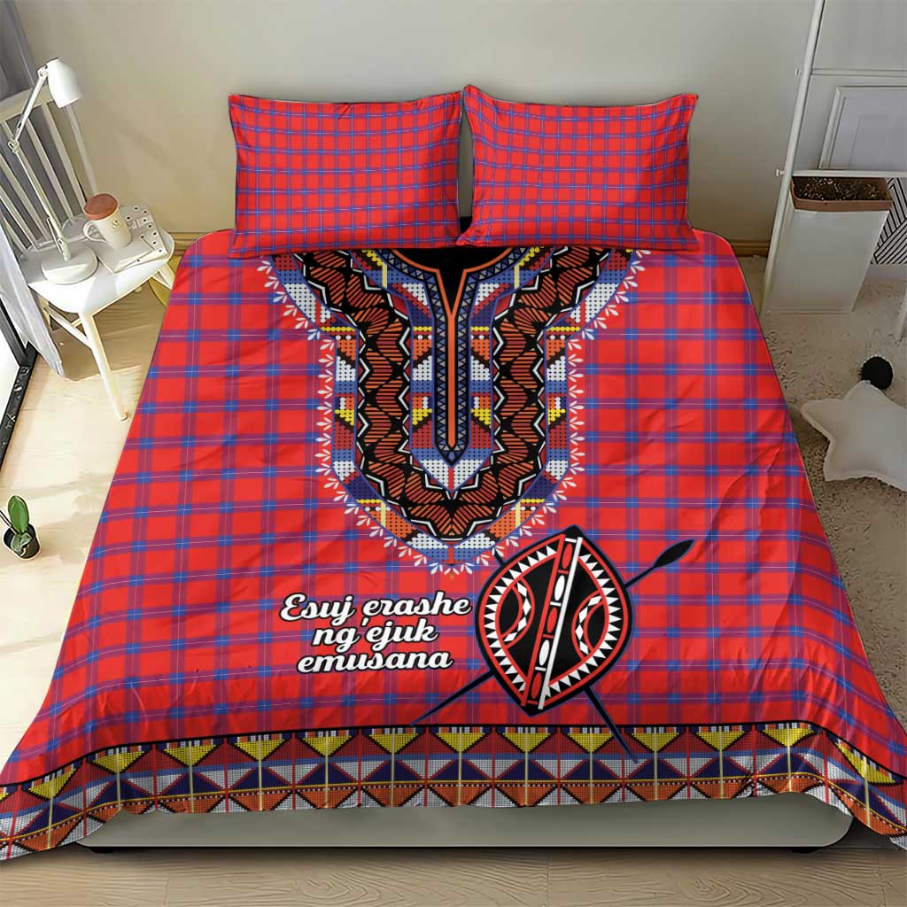 Red and blue plaid duvet cover with Maasai-inspired beadwork shield graphic and trim