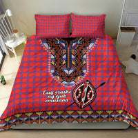 Red and blue plaid duvet cover with Maasai-inspired beadwork shield graphic and trim