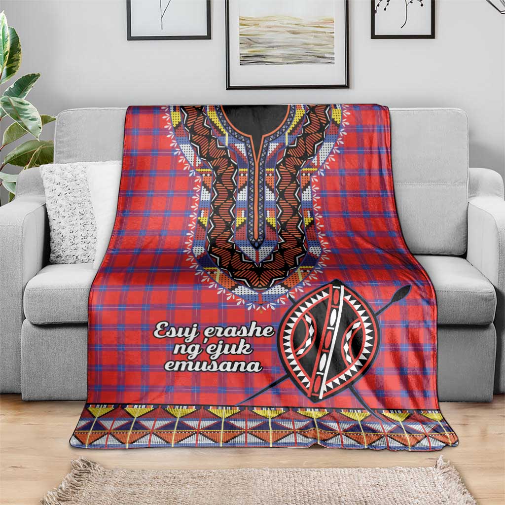 Red plaid shuka blanket with central beadwork neckline motif and multicolor geometric border