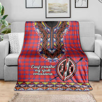 Red plaid shuka blanket with central beadwork neckline motif and multicolor geometric border