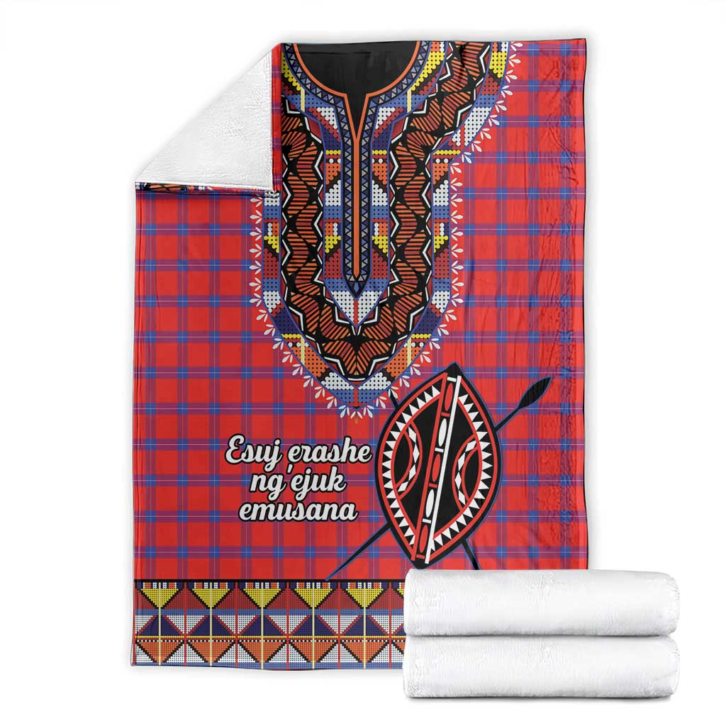 Red plaid shuka blanket flat with black-and-white beaded motif and geometric bottom trim