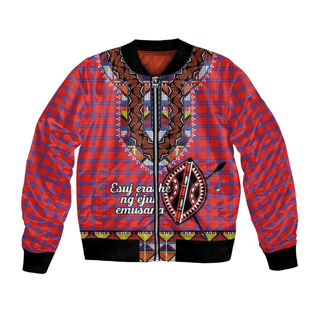 Red plaid bomber jacket with beadwork-style panel, zipper front, black ribbed trim