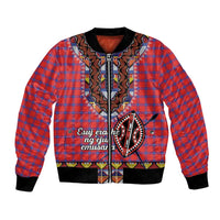 Red plaid bomber jacket with beadwork-style panel, zipper front, black ribbed trim