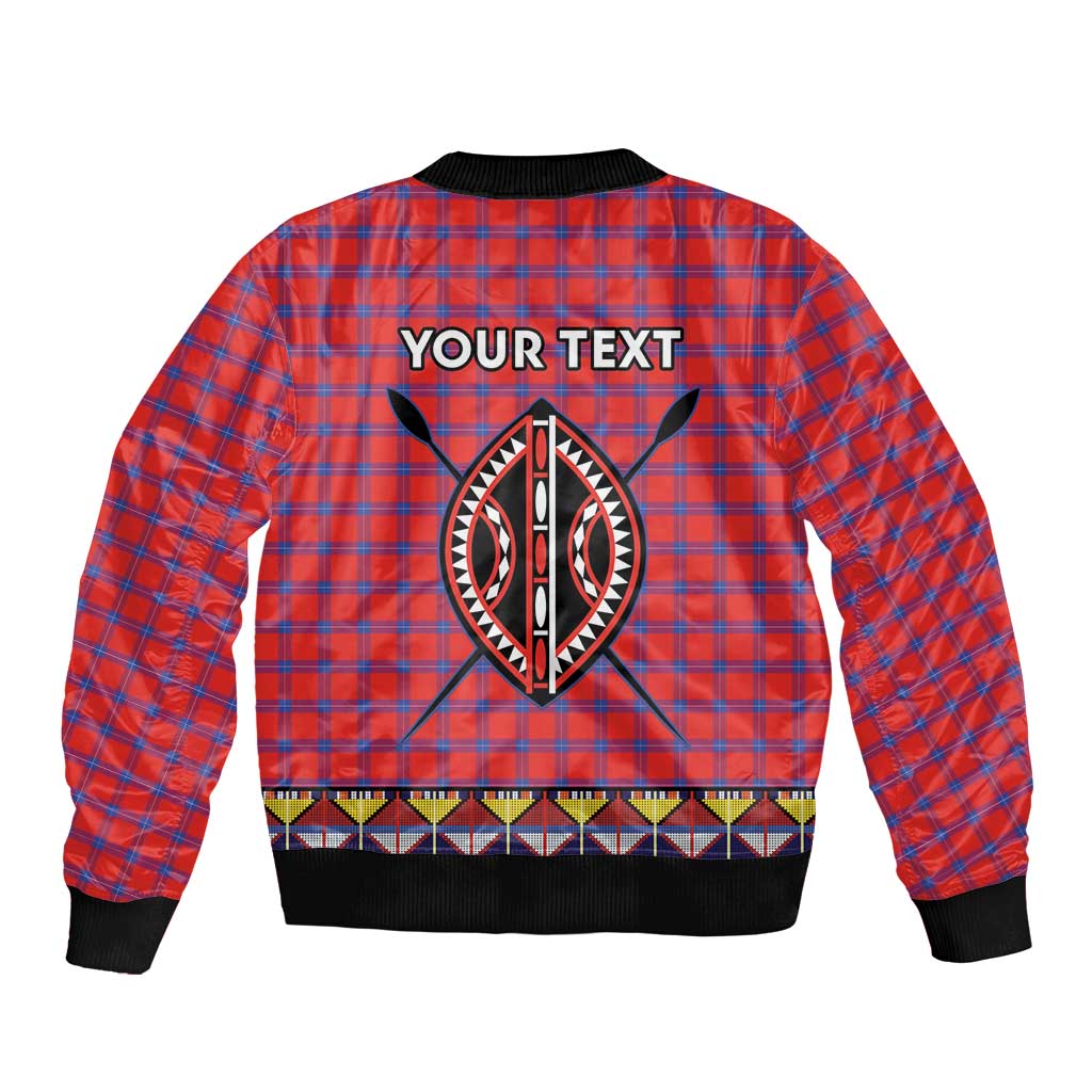 Red plaid bomber jacket back with large beadwork cat symbol and 'YOUR TEXT', black ribbed hem