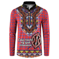 Men's button sweatshirt, red/blue plaid with dashiki beadwork front graphic